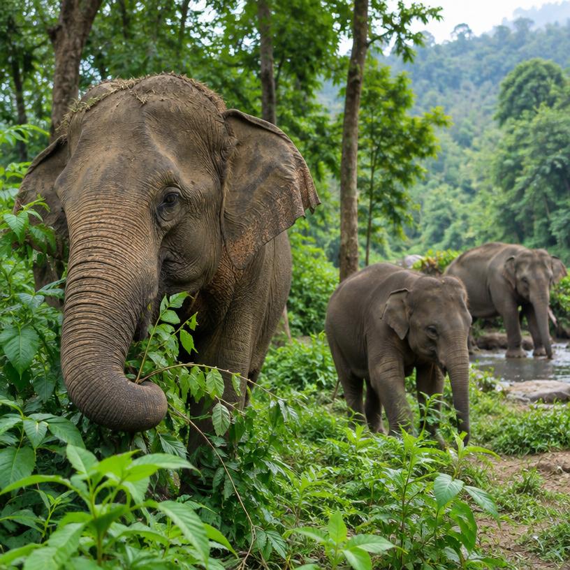 Elefantes em meio à natureza de Chiang Mai