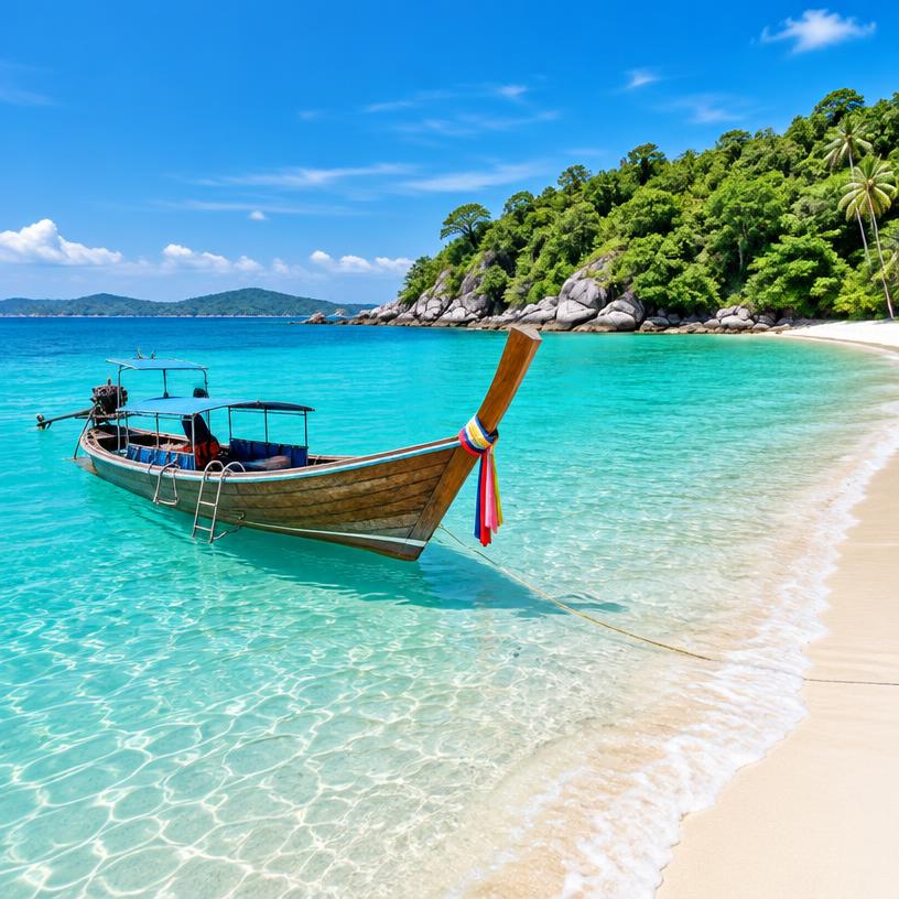 Barco tradicional nas águas cristalinas de Phuket